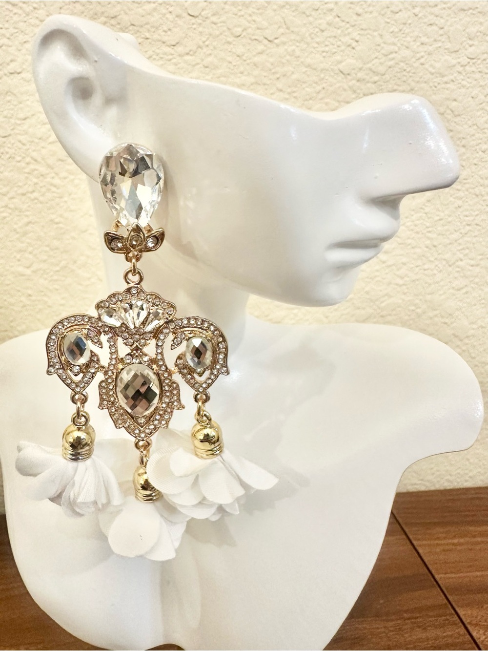 Gold and White Crystal Chandelier Drop Earrings